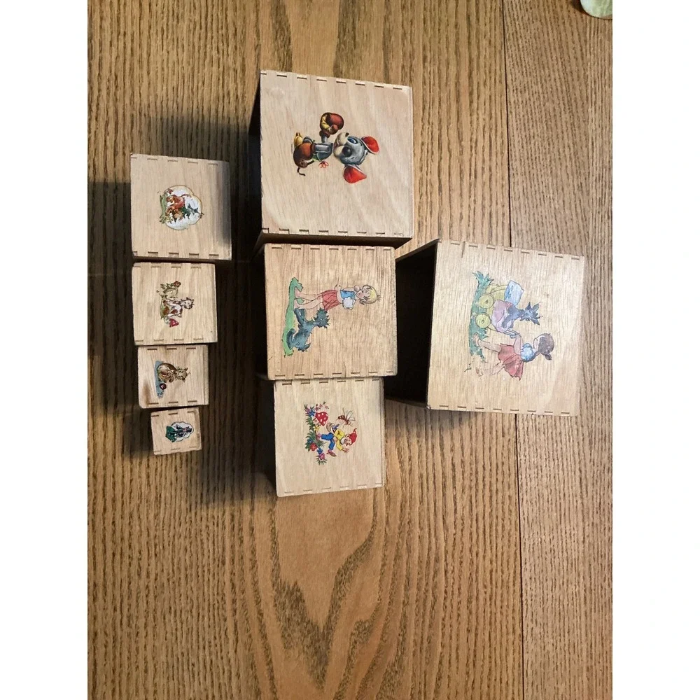 Vintage Hermann‎ Eichhord 8 Wooden Nesting Blocks Set Folk Art Character Decals